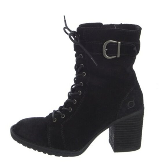 Born Cass Buckle Lace-Uo/Zip Block Heel Boots Black Distressed Suede - Picture 1 of 16